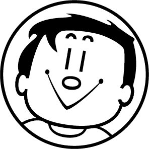 Trimmy, DOSB-Symbolfigur als schwarz-weißer Stempel:Porträt eines lächelnden Jungen.